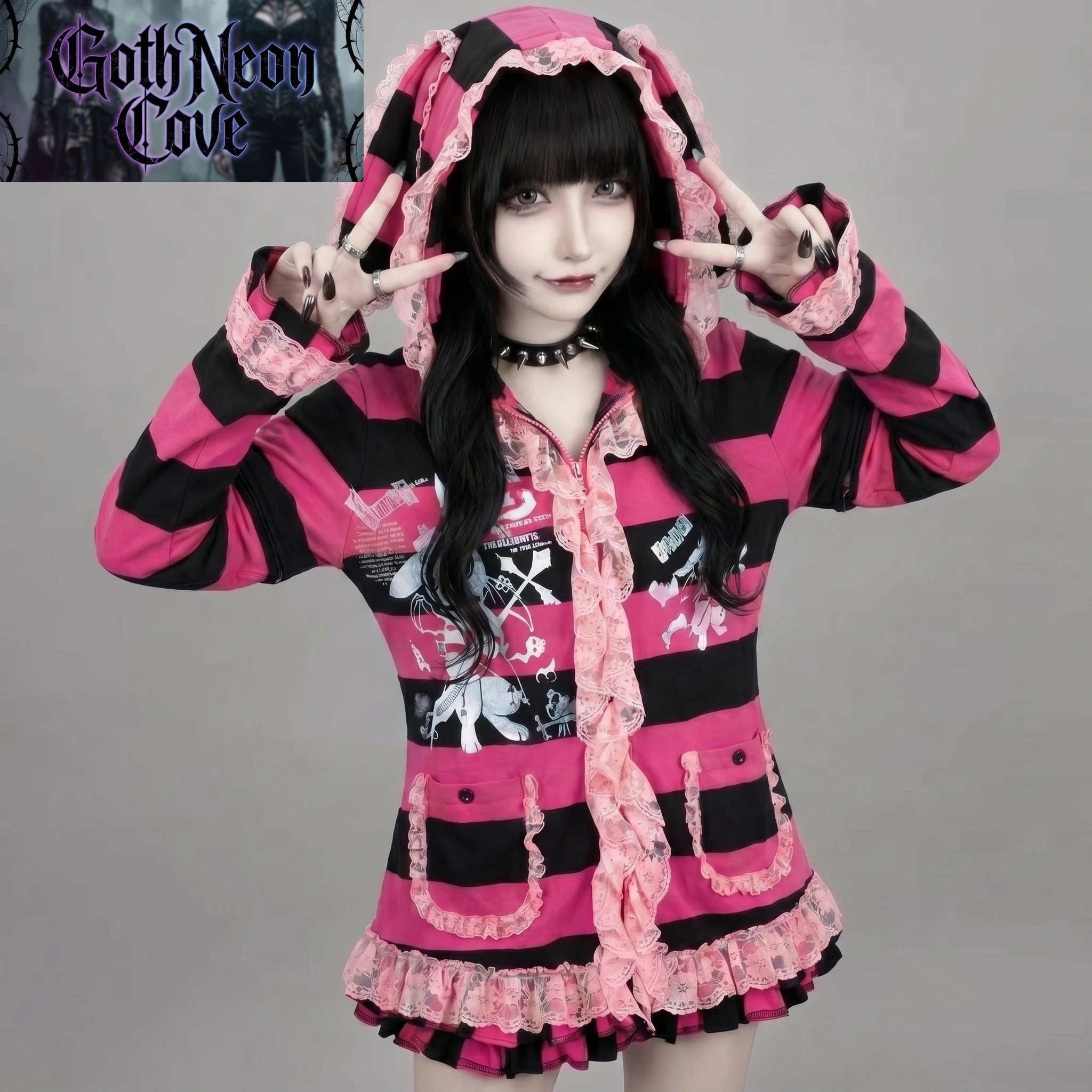 Thin Coat Japanese Casual Punk Jirai Kei Hoodie Women Bunny Ear Striped Vintage Anime Coat Yami Kawaii Goth Hooded Coat Y2K Girl