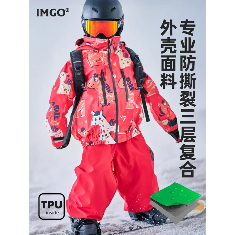 مجموعة بدلة تزلج IMGO Kids باللون الأحمر 3L للأطفال، دافئة مقاومة للماء والرياح والشتاء والرياضات الخارجية والثلج للفتيات والأولاد