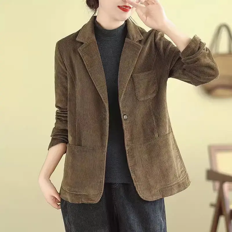 2024 Spring And Autumn Corduroy Jacket Women's Solid Color Long Sleeve Single Breasted Retro Casual Blazer Coat Z4821