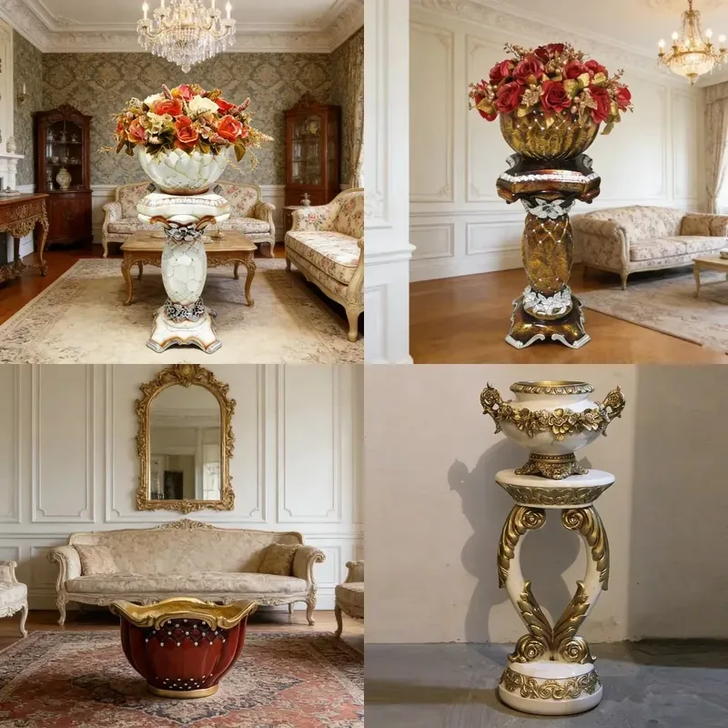 European Luxury Floor to Ceiling Large Vase Fiber Clay Side Table with Flower Pot Indoor Home Decor
