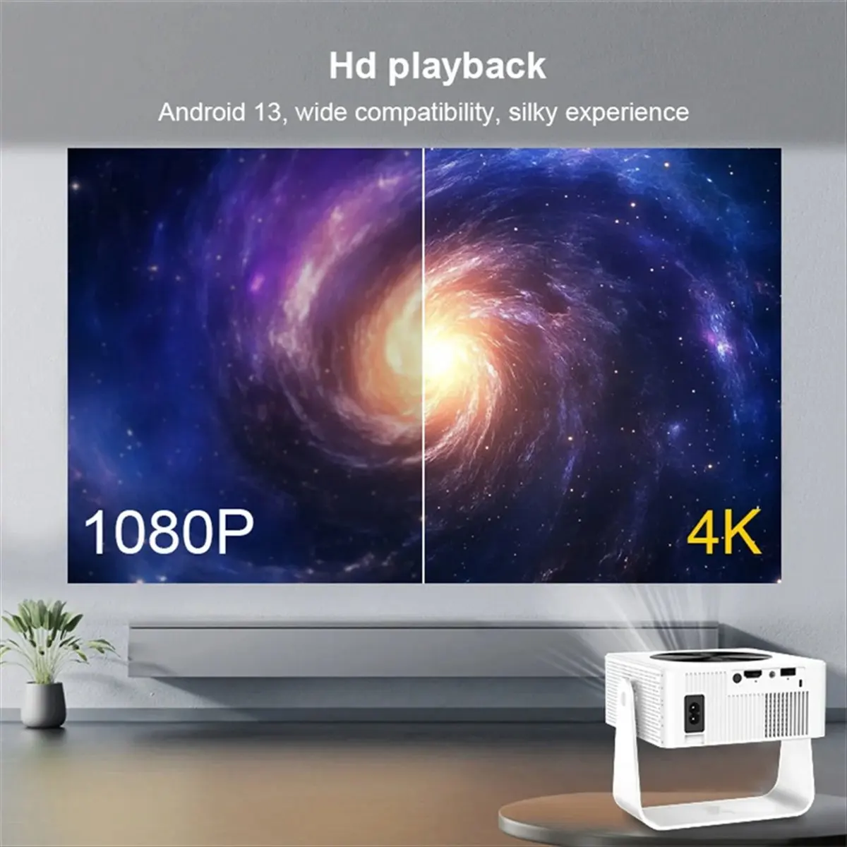 

(BAAY) Проектор 4K T1pro 250 ANSI Android 13 с двухдиапазонным Wi-Fi 6 и Bluetooth 5.0, автоматической коррекцией трапецеидальных искажений, портативный, для домашнего кинотеатра и улицы, США