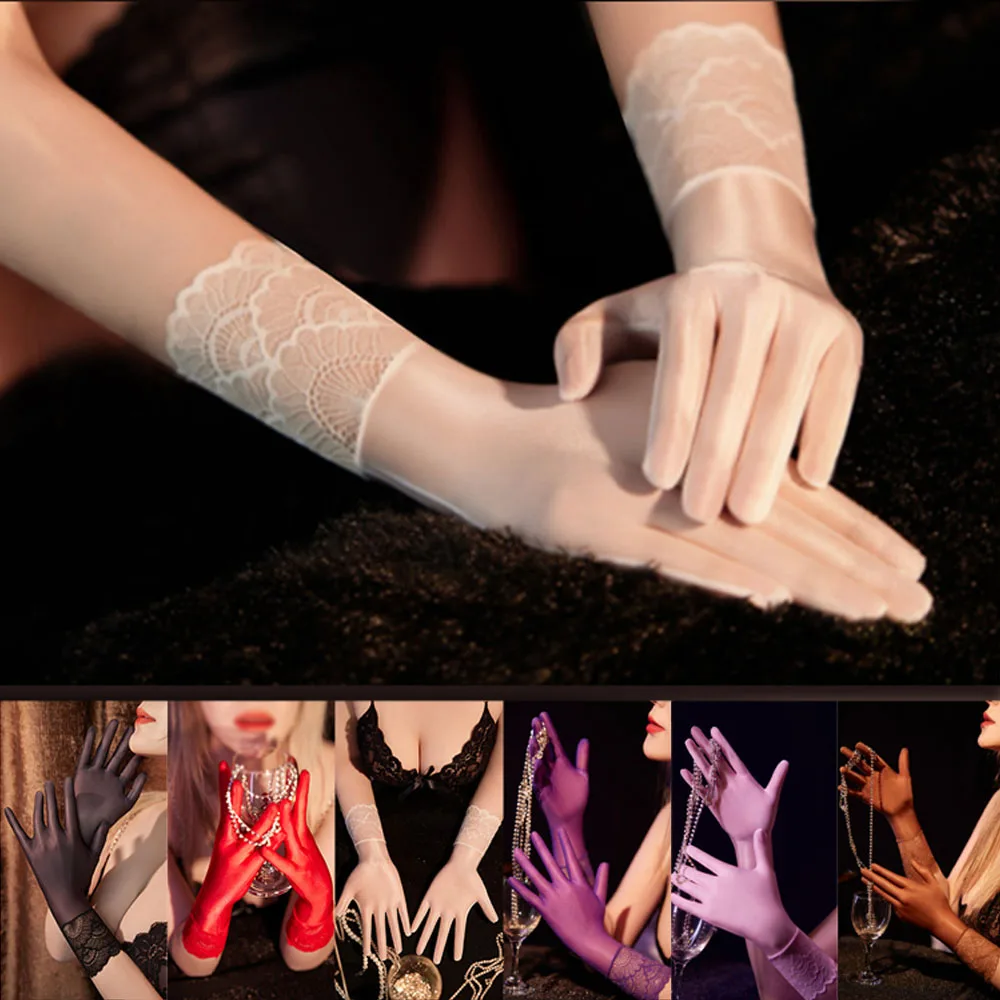 

Women Ultra-thin Shiny Nylon Gloves Party Costume Lace Short Mittens Bridal Sexy Silky Elastic See-through Gloves Solid Color