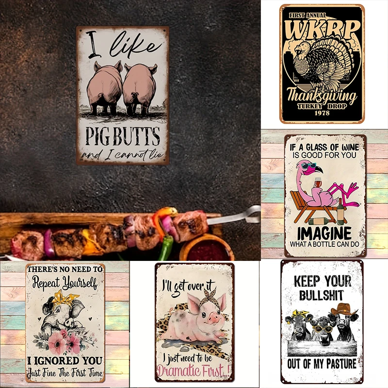 Rosa Schwein Metall-Blechschilder Vintage-Poster für BBQ-Shop Küchendekoration Eisenplatten Gemälde Retro-Poster Heim-Wandkunst Plakette