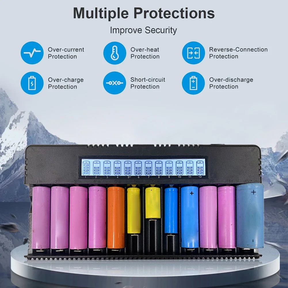 12 Slots 18650 Battery Charger Rechargeable Battery Charger LCD Display 4.2V for NI-MH AA/AAA Battery for 26650 18650 Batteries