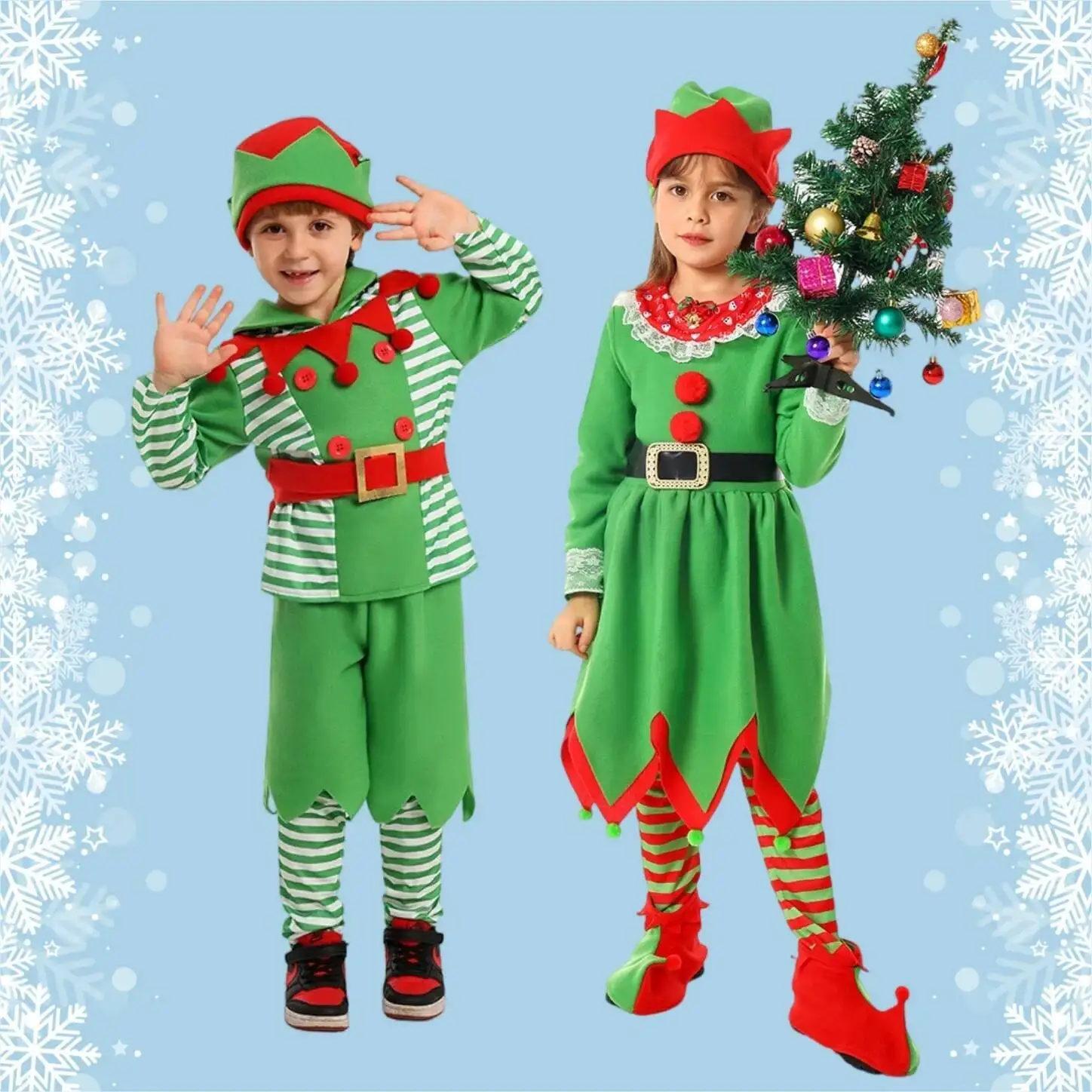 

Костюм для косплея на Хэллоуин, детский сценический наряд, Рождественский эльф, ролевая игра, праздничное платье, зеленый комплект