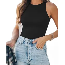 Halter de gola redonda feminina com nervuras bodysuit sem mangas, regata, ternos sexy, Dropshipping, verão