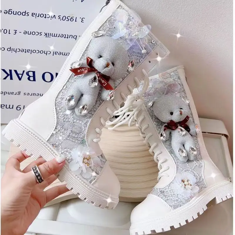 Autumn and Winter New Girls' High Sleeve Boots 2024 Children's Plush Long Boots Girls' Cartoon Sequin Crystal Leather Boots