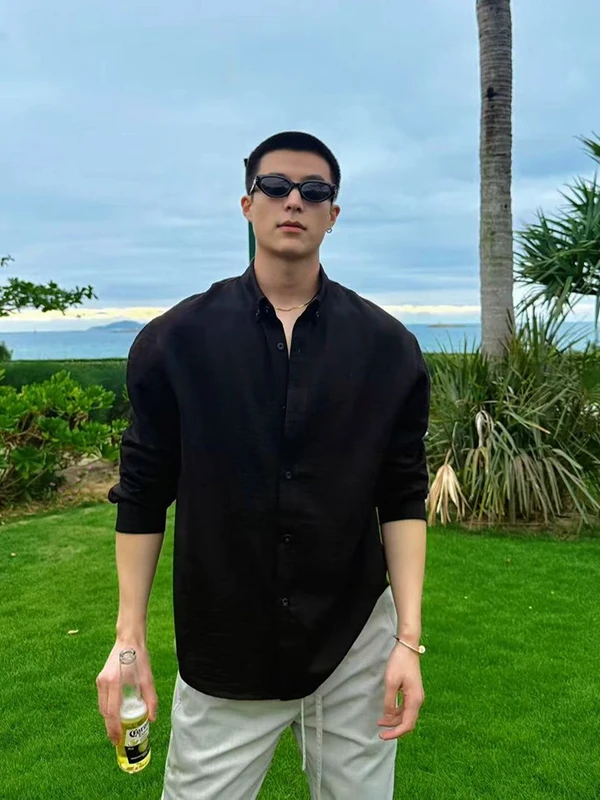 

Bla Ice Silk Qui Dry Long Sve Men's irt Summer Thin Hard Sle American Trendy Brand High Sense irt Jaet