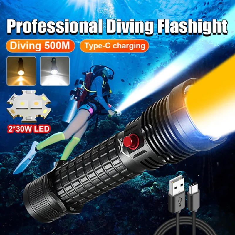 

2025 Professional Diving Flashlight Rechargeable Torch IPX8 Waterproof Diving Lamp Built-in Battery Submersible Super Bright LED