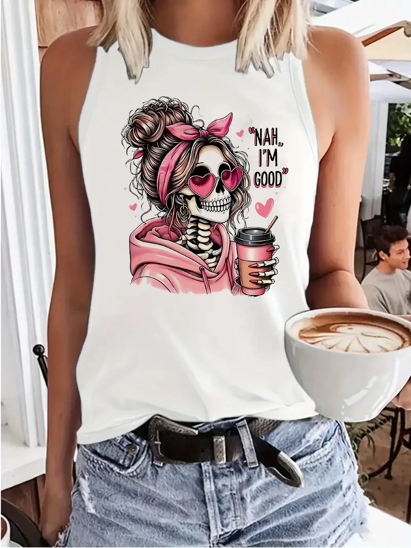 Funny Hip Hop Vest T-shirt Portrait Skeleton Tshirt Graphic Print Tank Top Women’s Sleeveless Crew Neck
