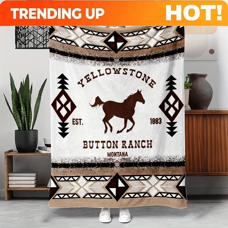 Customization Vintage Southwestern Bohemian Throw Blanket | Yellowstone 1885 Button Ranch Montana Design | Geometric & Horse Mot