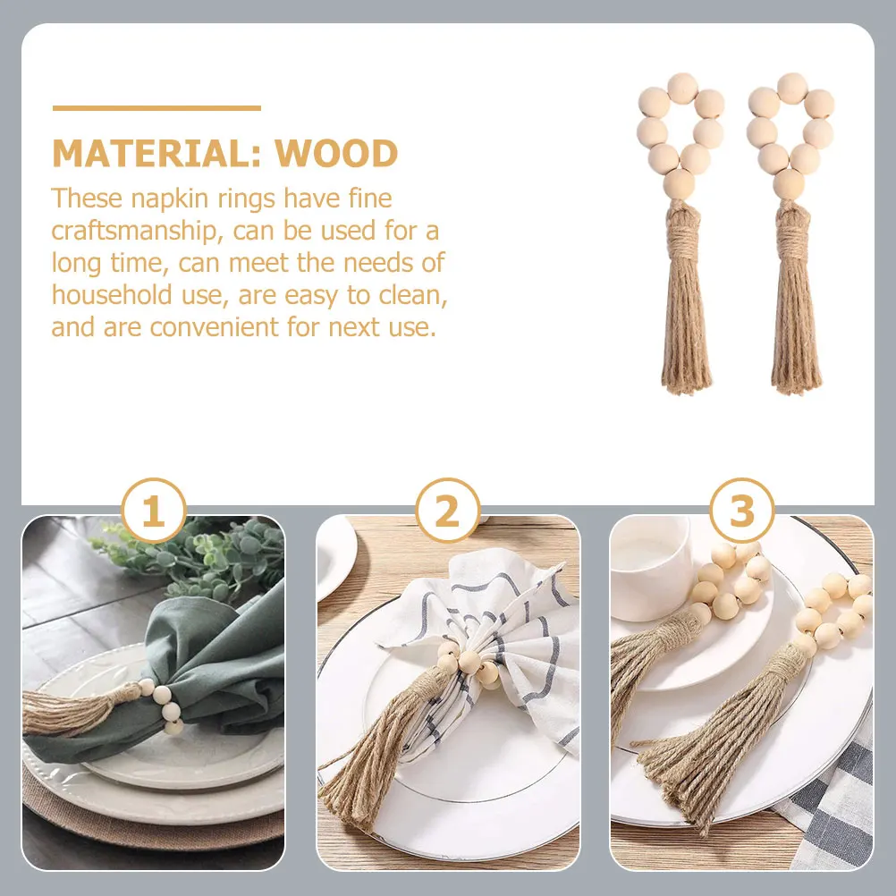 

10 Pcs Wooden Bead Napkin Rings Natural Rustic Party Decorations Christmas Wedding Dinner Supplies Tassel Holders
