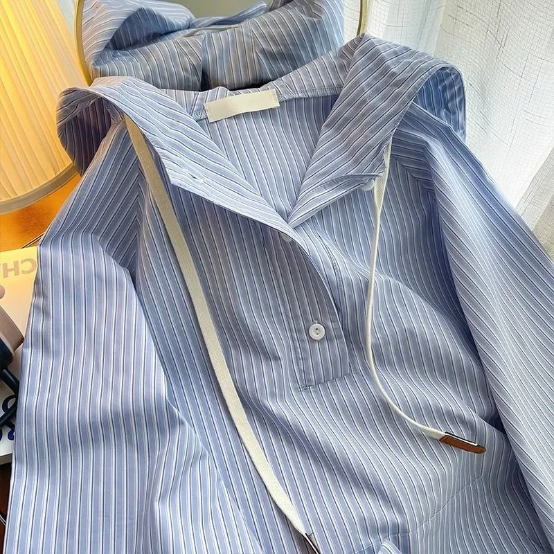 Japanese Style Blue Stripe Hooded Shirts Women Man Spring Autumn Long Sleeves Loose Casual Hoodies Vintage All-matched Coat Tops