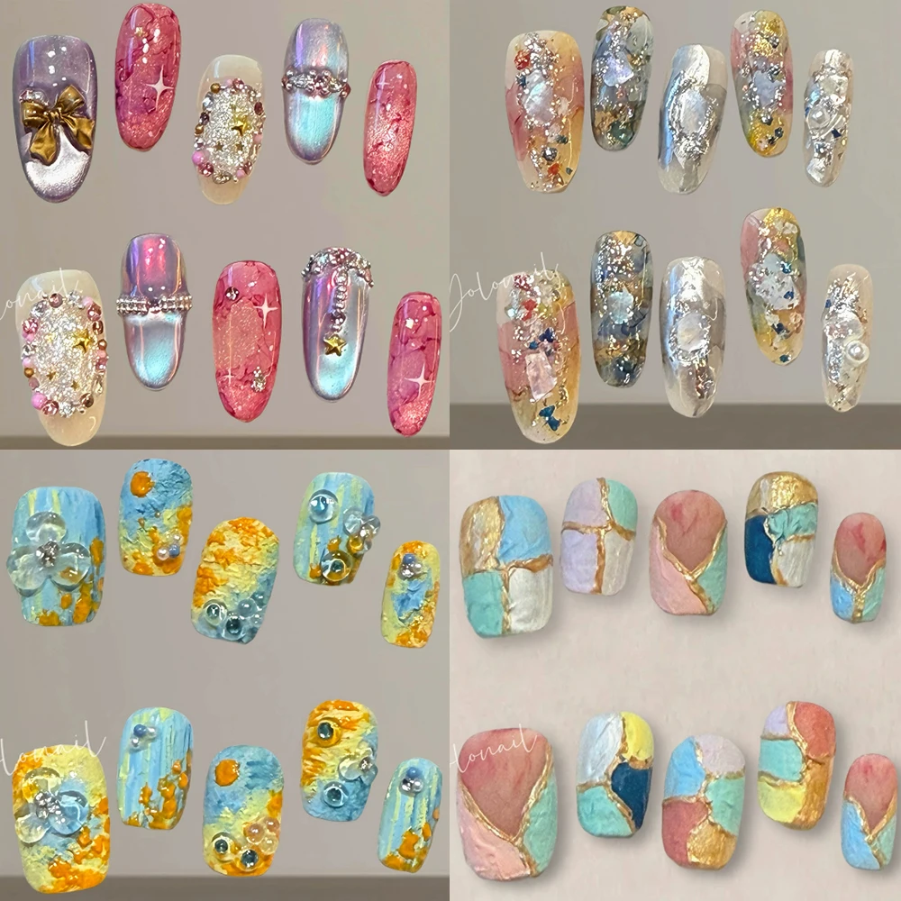 

10Pcs Colorful High Quality Long Coffin Ellipse Handmade Full Cover Nail Diamond Cat Eyes Pearl Detachable Fake Nails Gift