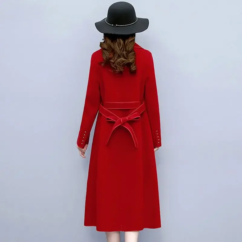 Women Wool Coat Long Trench Coat Reversible Wool Belt Slim Korean Chic Luxury Brand Jacket Robe Women's Clothing New