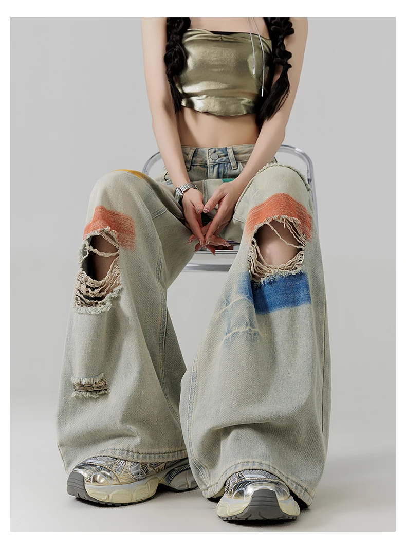 Graffiti ripped denim wide leg pants, women's high waisted street floor mopping straight leg pants