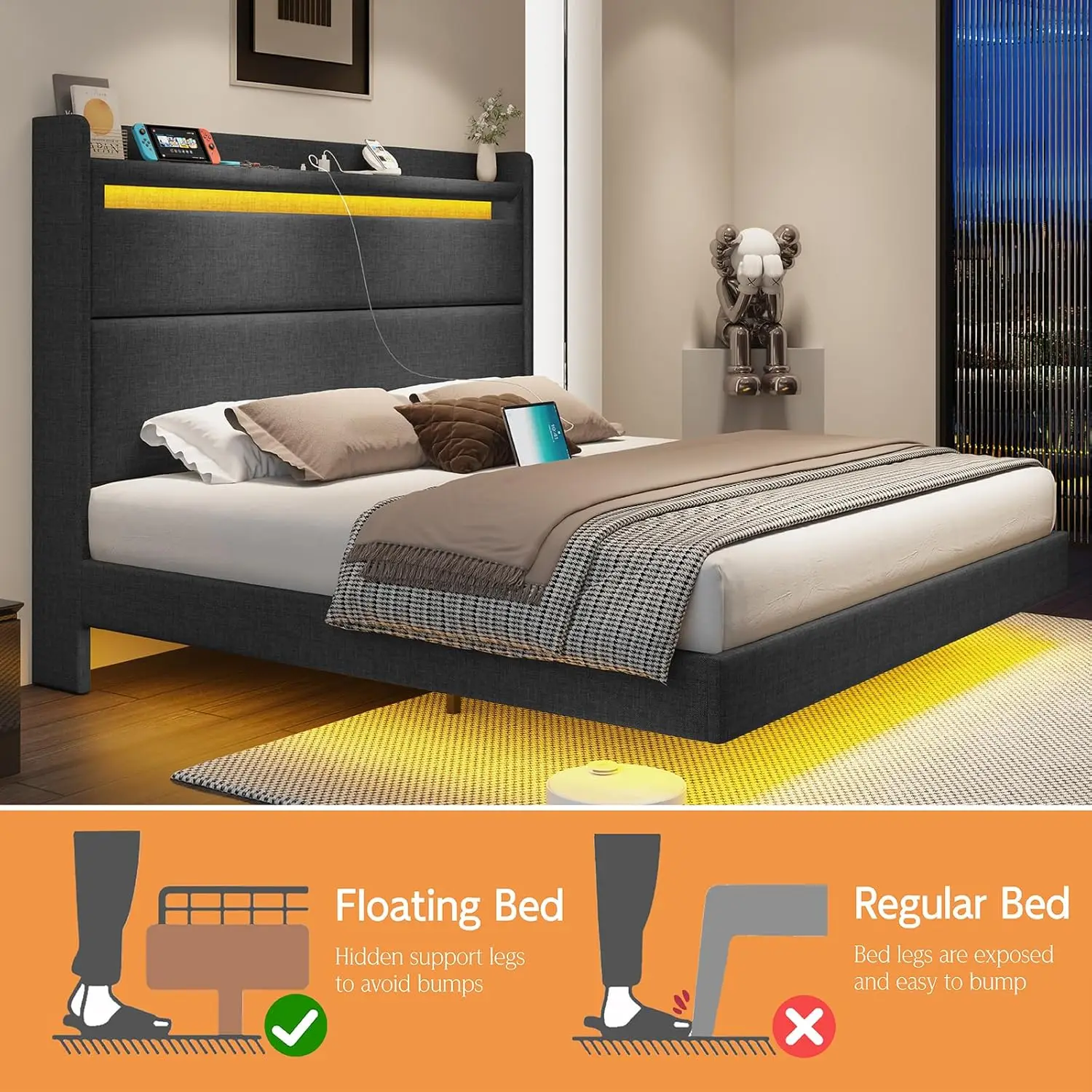 Bed Frame Full with LED Lights, Upholstered Platform Bed with Charing Station & Storage Wingback Headboard, No Box Spring Needed