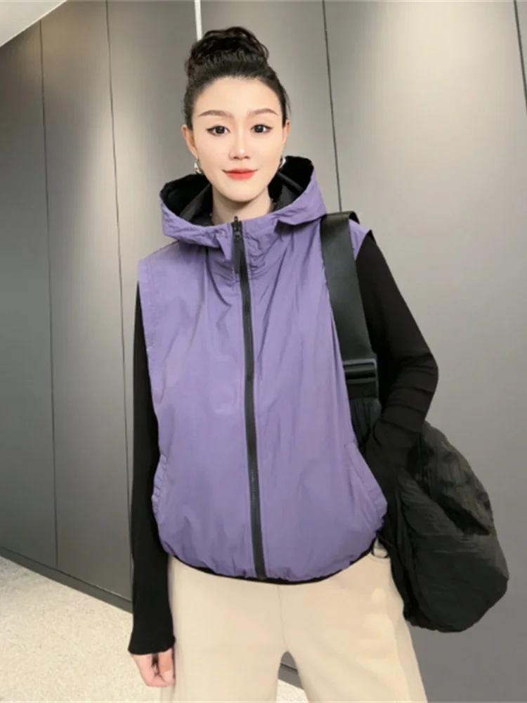 

Двусторонняя повседневная женская жилетка на молнии с капюшоном для лета и осени, новая модная модель, простой дизайн, защита от солнца