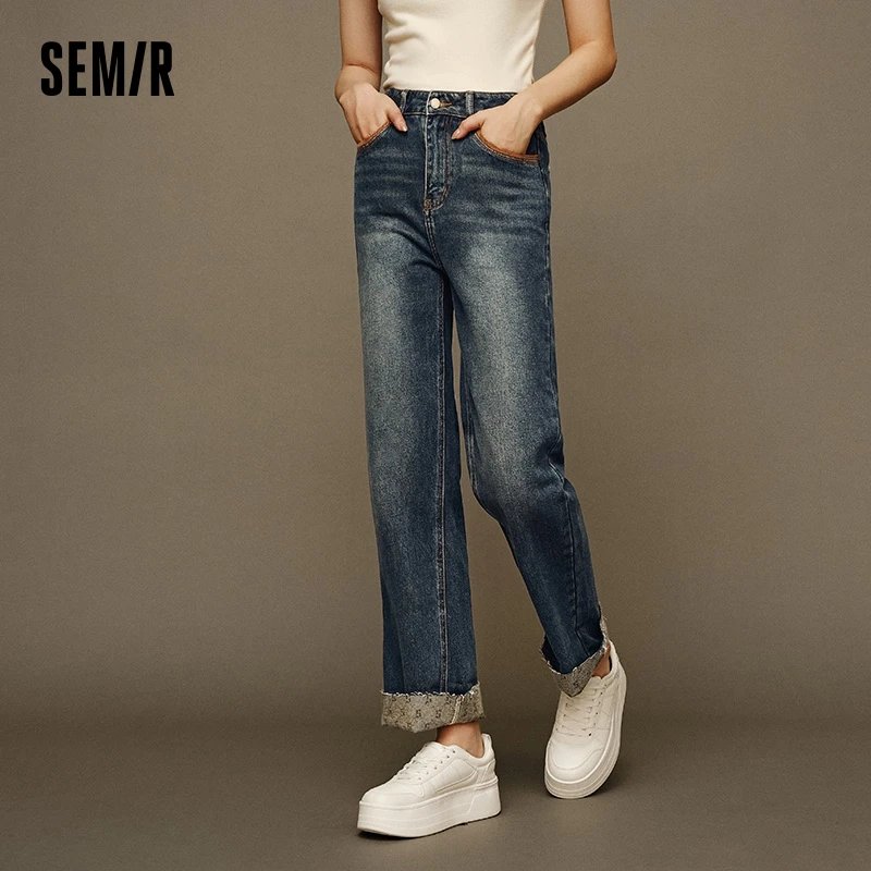 Semir Jeans Women Turn-Up Straight Pants 2024 New Winter Fleece-Lined Retro Fashion Nine-Point Pants