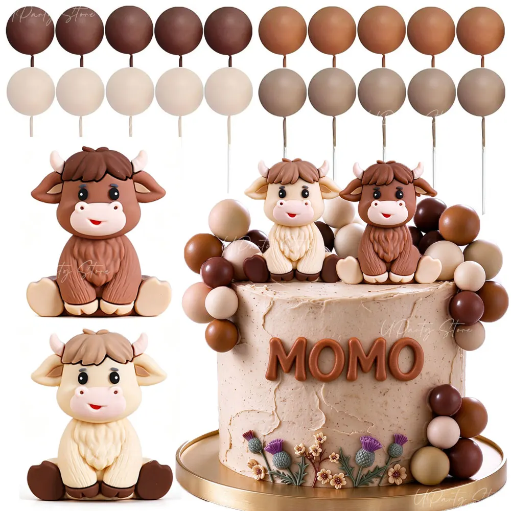 1 Set Highland Cow Cake Toppers Beige Coffee Brown Foam Balls Highland Cow Cake Decoration for Birthday Baby Shower Party Supply