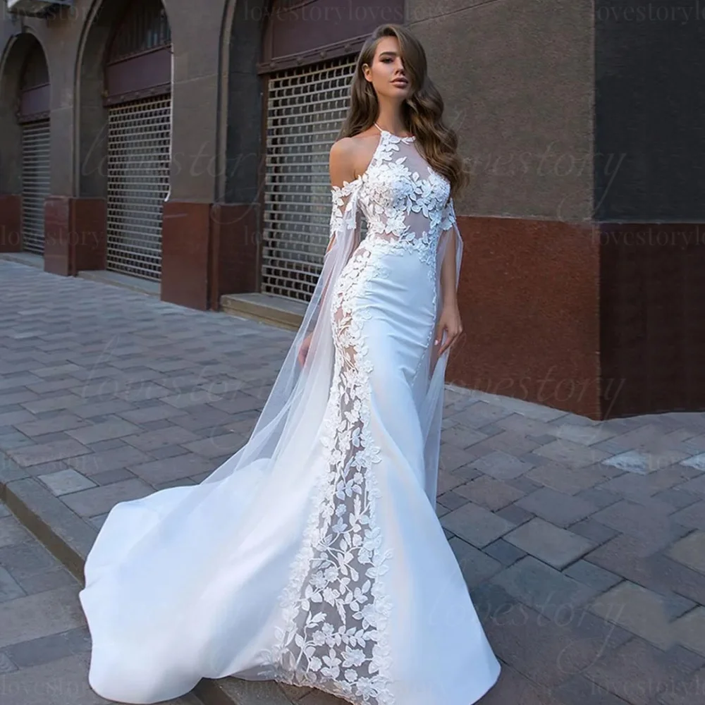 Customized Modern Style Wedding Dresses Mermaid Halter Appliques Bridal Gowns Lace Bride Dress Vestidos De Noiva
