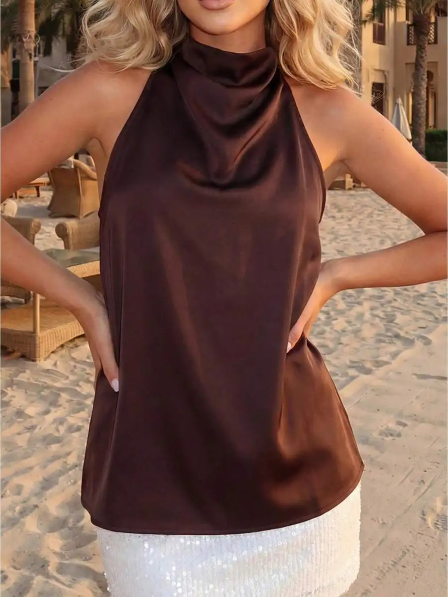 

Womens Satin Halter Neck Sleeveless Blouse Cowl Neck Silky Fabric Elegant Minimalist Casual Summer Streetwear