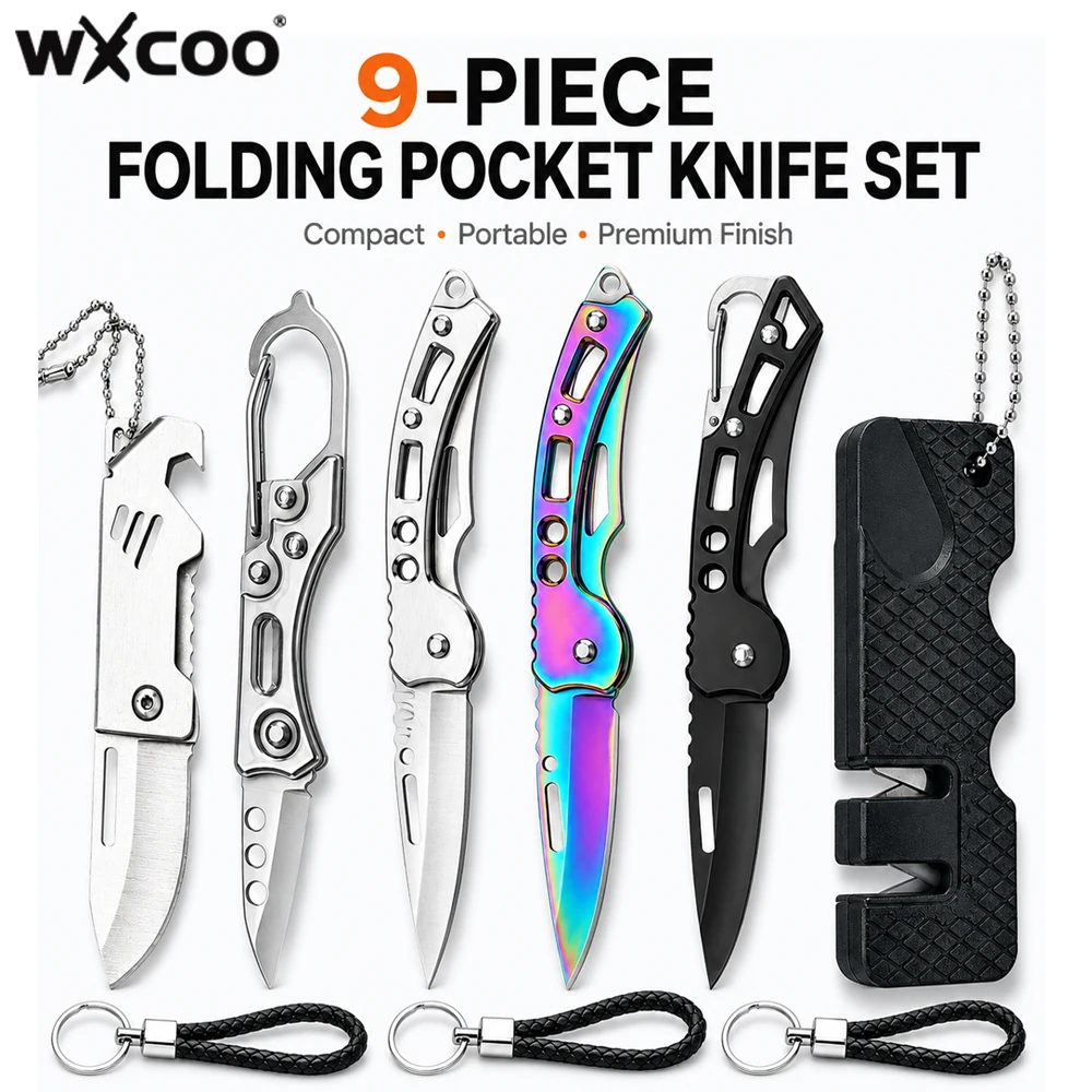 WXCOO Stainless Steel Folding Knife Set Fruit Paring Pocket Knife with Anti Slip Handle Mini Keychain Folding Kitchen Knife