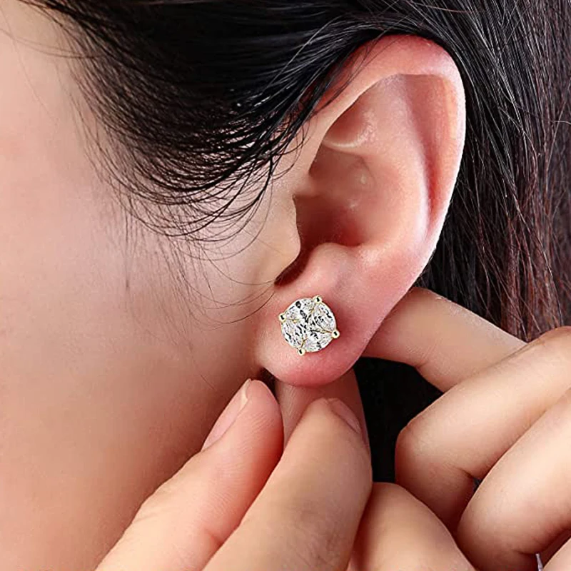 Huitan Exquisite Cubic Zirconia Stud Earrings Ear Piercing Accessory Inlaid Square/Marquise CZ Gold Color Chic Women/Men Jewelry