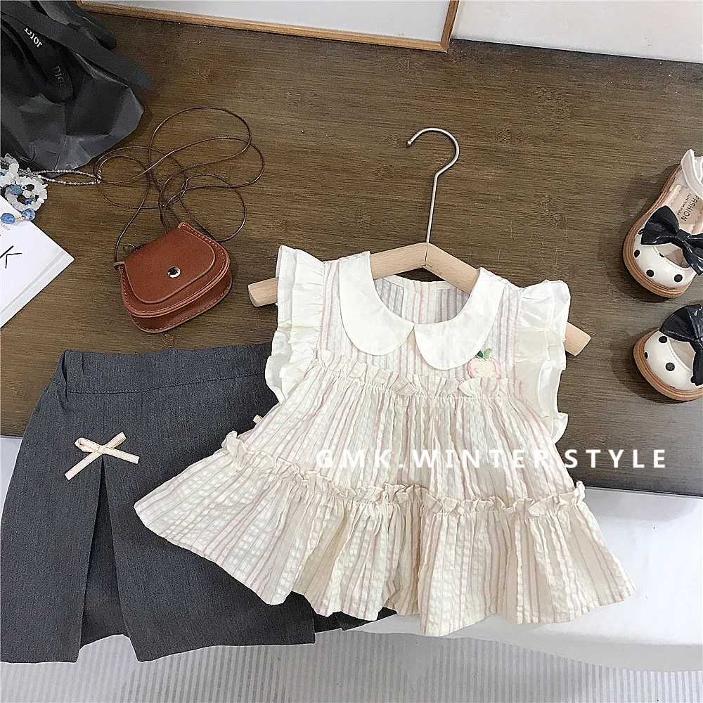 مجموعات الأطفال فتاة الصيف قميص تنورة قصيرة قطعتين تحلق كم موضة المد 2024 رفض طوق مرونة الخصر #6