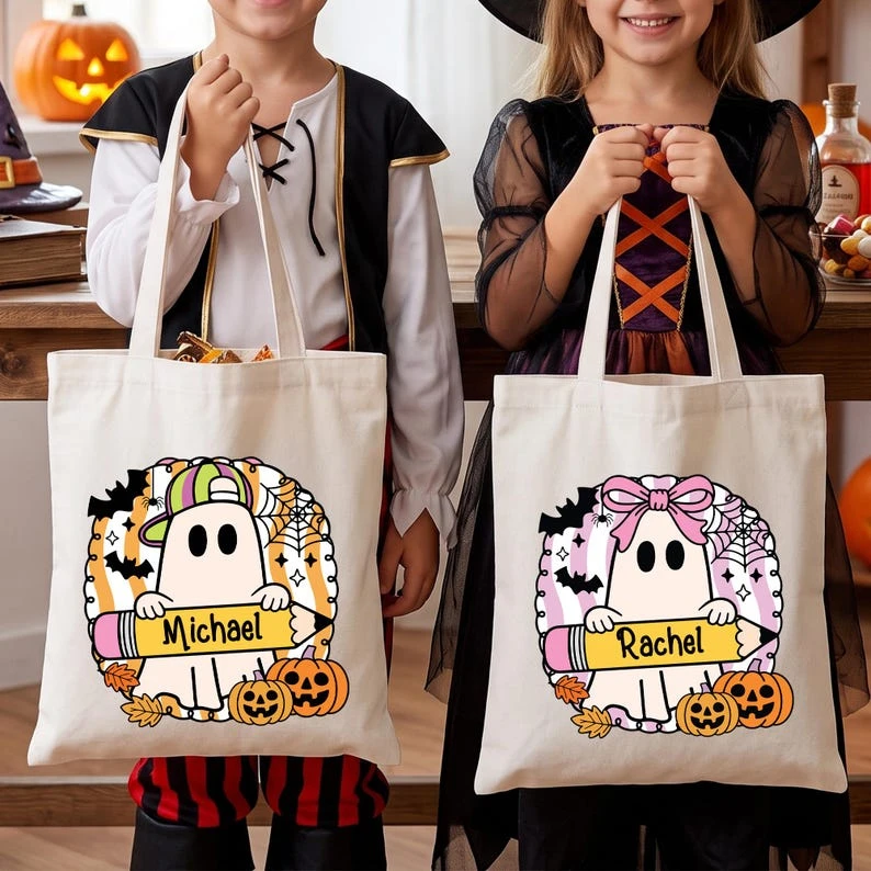 Personalized Teacher Halloween Tote Bag, Custom Name Ghost Candy Bag, Trick or Treat School Keepsake