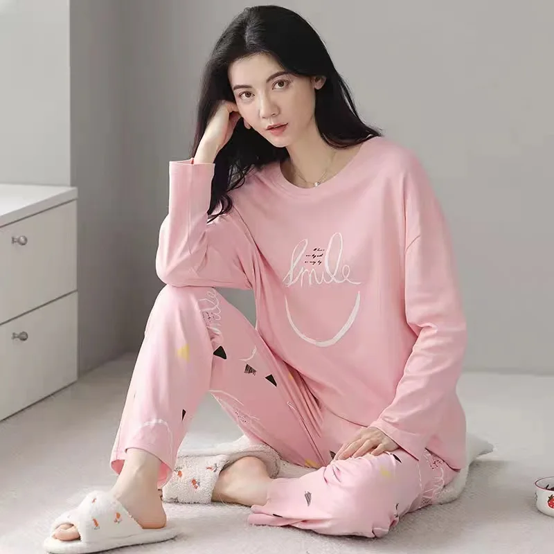 Women\'s 2 Piece Pajamas Set Shredded Milk Pyjama Female Pijama Women Homewear Soft Sleepwear Long Sleeve O-Neck Shirt Pants Suit