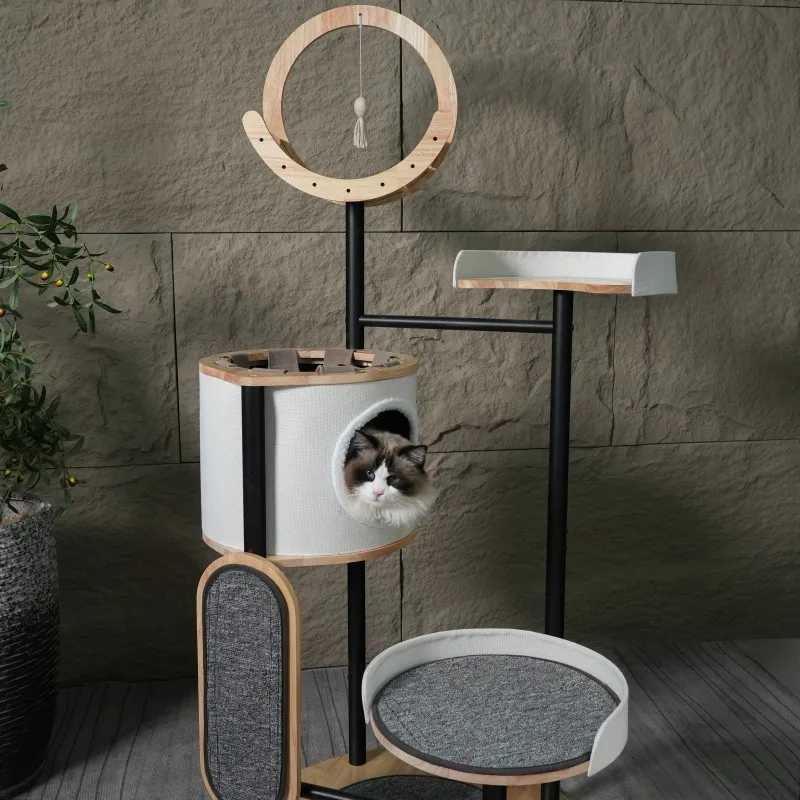 Luxury Modern Custom Rubber Wood Carbon Steel Cat Climbing Frame Eco-Friendly Durable Multi-Layer Design Living Rooms Pet Stores