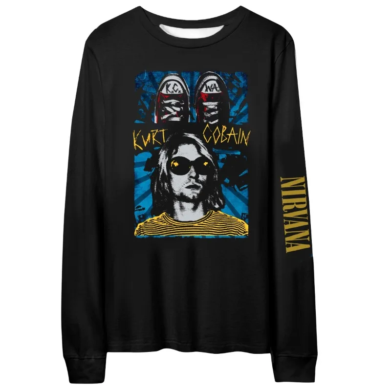 Kaos cetak 3D Nirvana Band rock Loose punk fashion multi-guna lengan panjang untuk musim gugur dan musim dingin