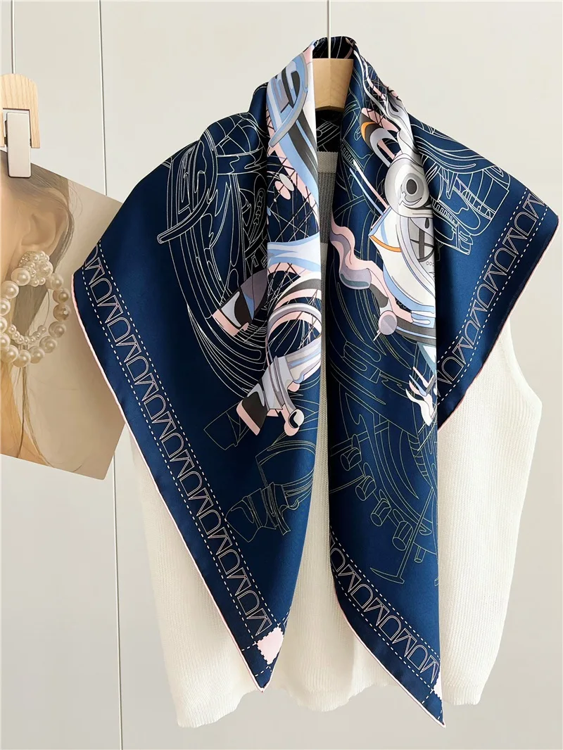 90 Silk Scarf Wraps 2023 Spring Fashion Print 100% Head Silk Scarf Hijab for Hair Wrapping 35