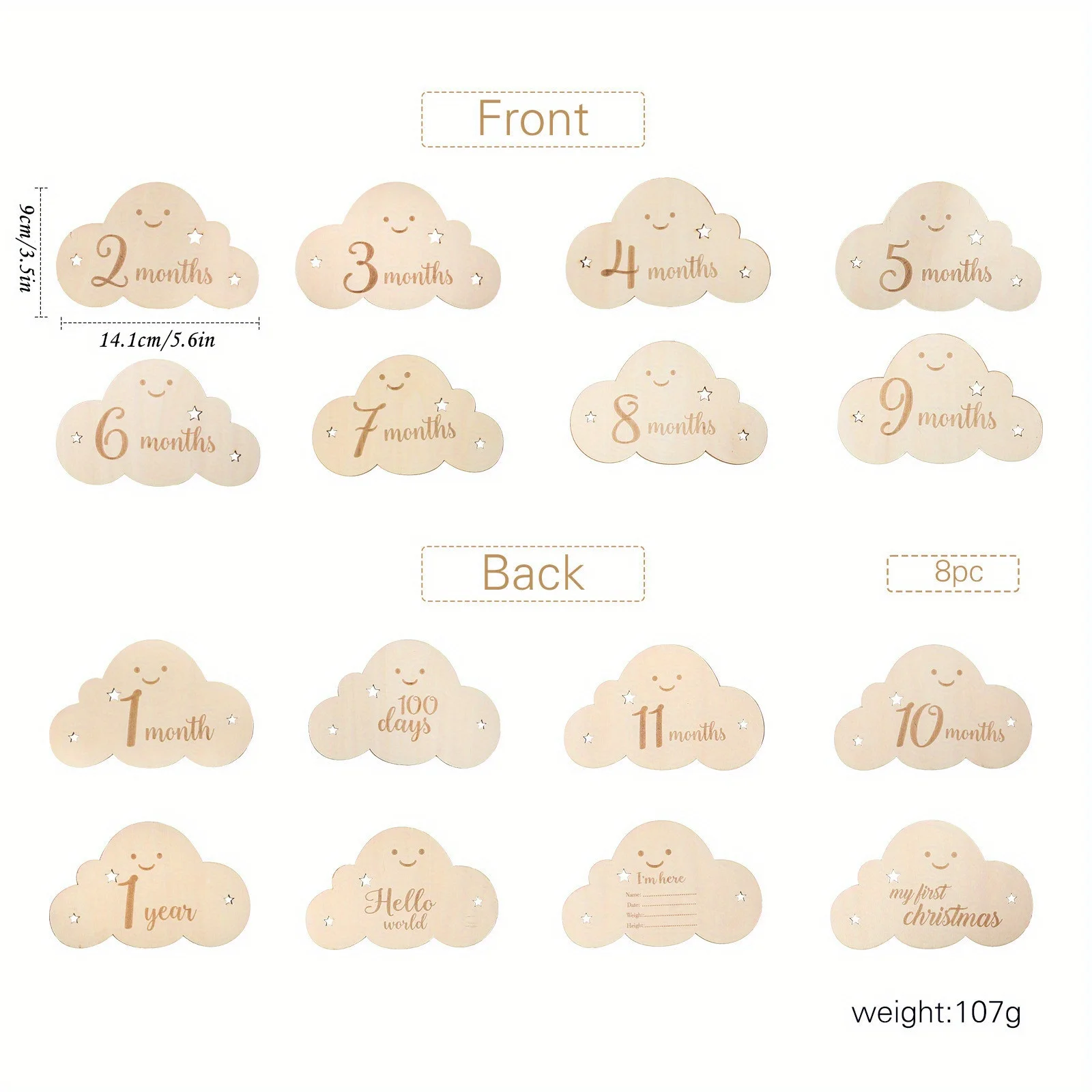 8pcs Wooden Baby Milestone Cards Cloud Signs Monthly Photo Cards Baby Growth Cards Pregnancy Journey Markers Baby Photo Props