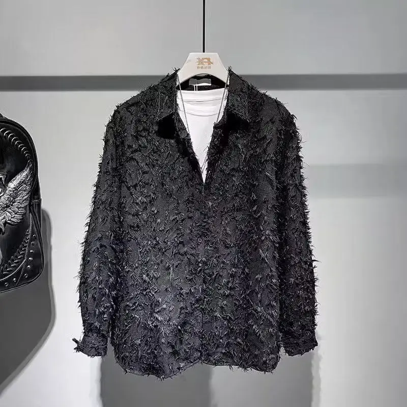 Fall 3d Feather Men Long Sleeve Shirts Korean Fashion Highstreet Personality All-match Loose Blouse Couple Clothing Black White