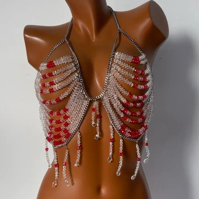Unique Design Luxury Transparent Crystal Beading Vest Tops Geometric Tassel Sexy Beaded Bra Sexy Party Dance Breast Body Chain