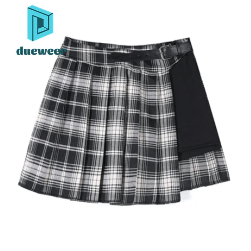 DUEWEER Summer Kawaii Pleated Short Skirts Women's High Waist A Line Wrap Plaid Irregular Mini Skirt Girls Dance Streetwear