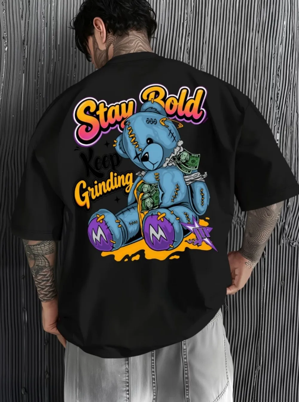 American men's summer patch teddy bear wealth letter print micro elastic breathable round neck T-shirt outdoor urban street top