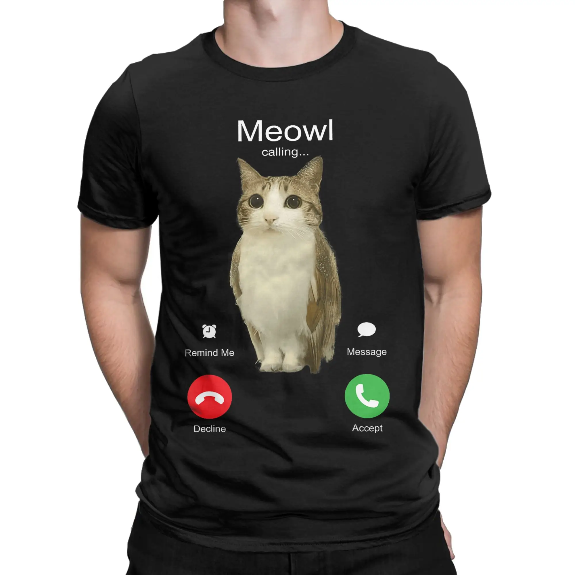 Men T-Shirt Meowl Is Calling Phone Call Meme Brainrot Funny Cat Owl Cotton Tees Short Sleeve T Shirts Round Neck Clothing