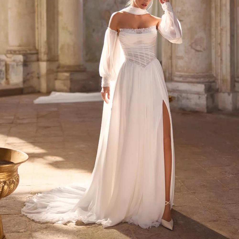 

Customized Strapless Draped Bridal Dress with Detachable Sleeve Pearls Wedding Gown with Scarf Side Split Chiffon vestidos