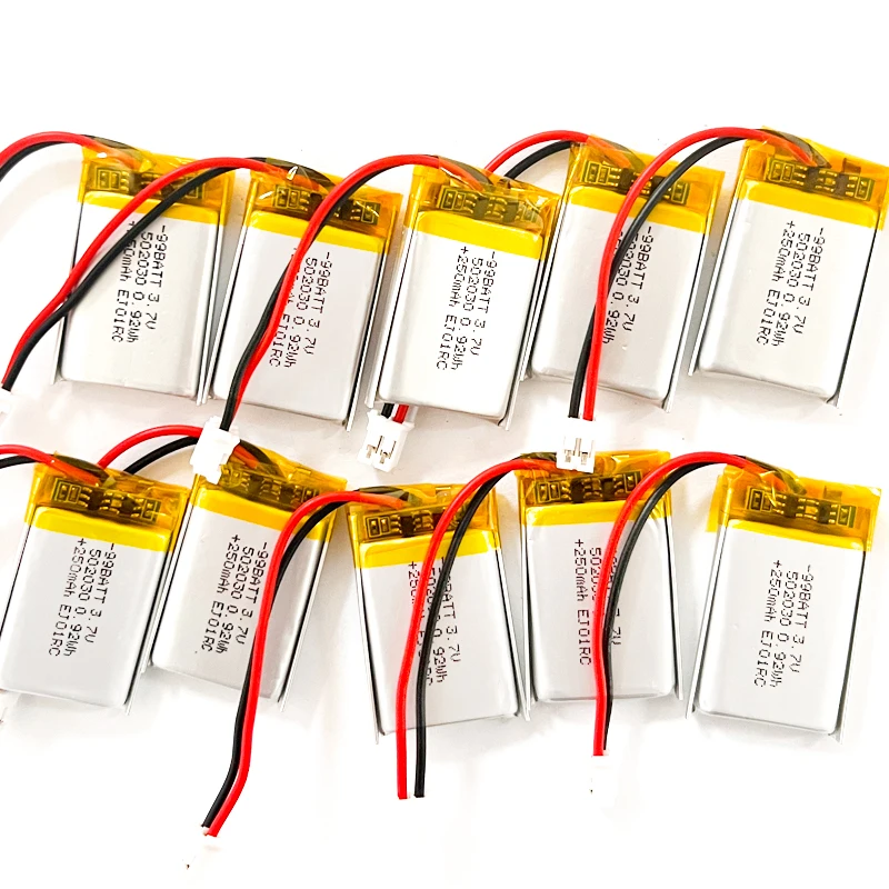10pcs 250mAh 3.7V 502030 Lipo Polymer Rechargeable Li-ion Batteries Ph-2.0mm for Bluetooth Headset Toy Smart Watch GPS LED Light