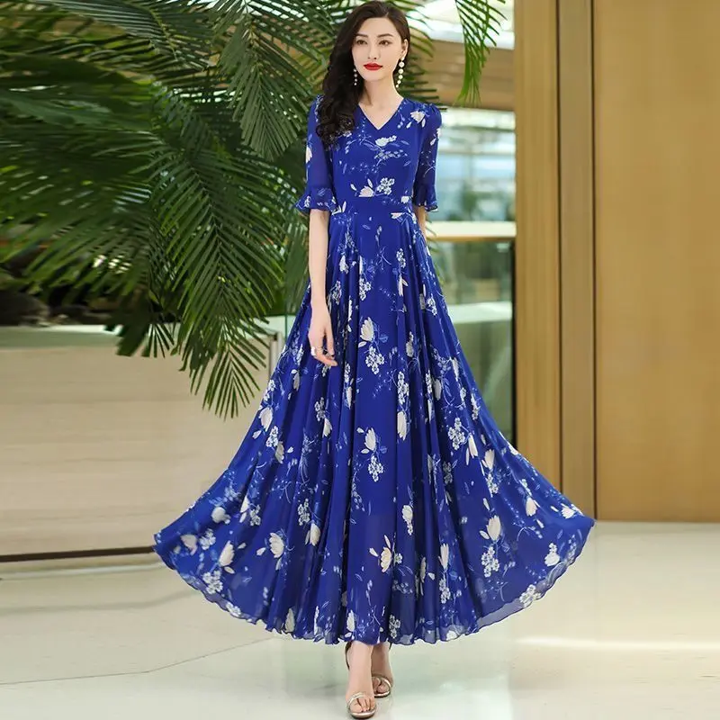 Vestido Longo Boho de Verão 2025 com Decote em V e Mangas Médias, Vestido de Praia em Chiffon E para Mulheres