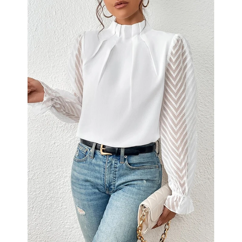 Autumn Winter Women Half High Collar Ruffled Blouses Elegant Fashion Office Lady Shirts Sheer Long Sleeve Loose Tops Solid Blusa