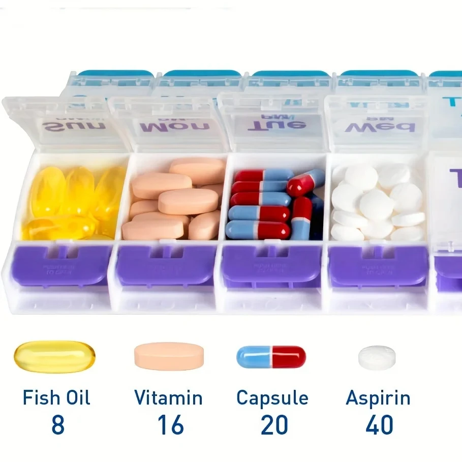 Travel Pill Organize 7 Day Push Button 14-Compartment Meds Box Container Holder for Medication Vitamin Supplement