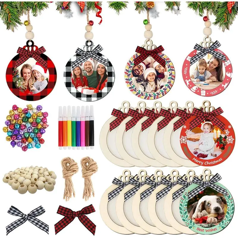 12/24‑Pack Unfinished Wooden Christmas Photo Frame Ornaments, DIY Blank Personalized Wood Hanging Pendant, Hand‑Paint Craft