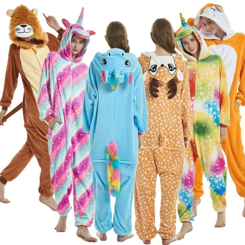 Adults Animal Cosplay Pajamas Flannel Onesies Costume Jumpsuit Pajamas Hooded Sleepwear Halloween One Piece for Performing