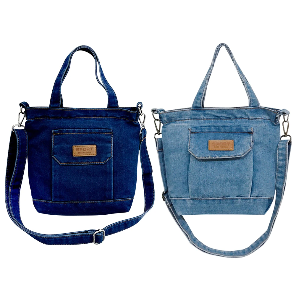 Women Casual Satchel Bag Denim Shopper Shoulder Handbag Adjustable Straps with Pockets Zipper Closure for Beach Shopping School