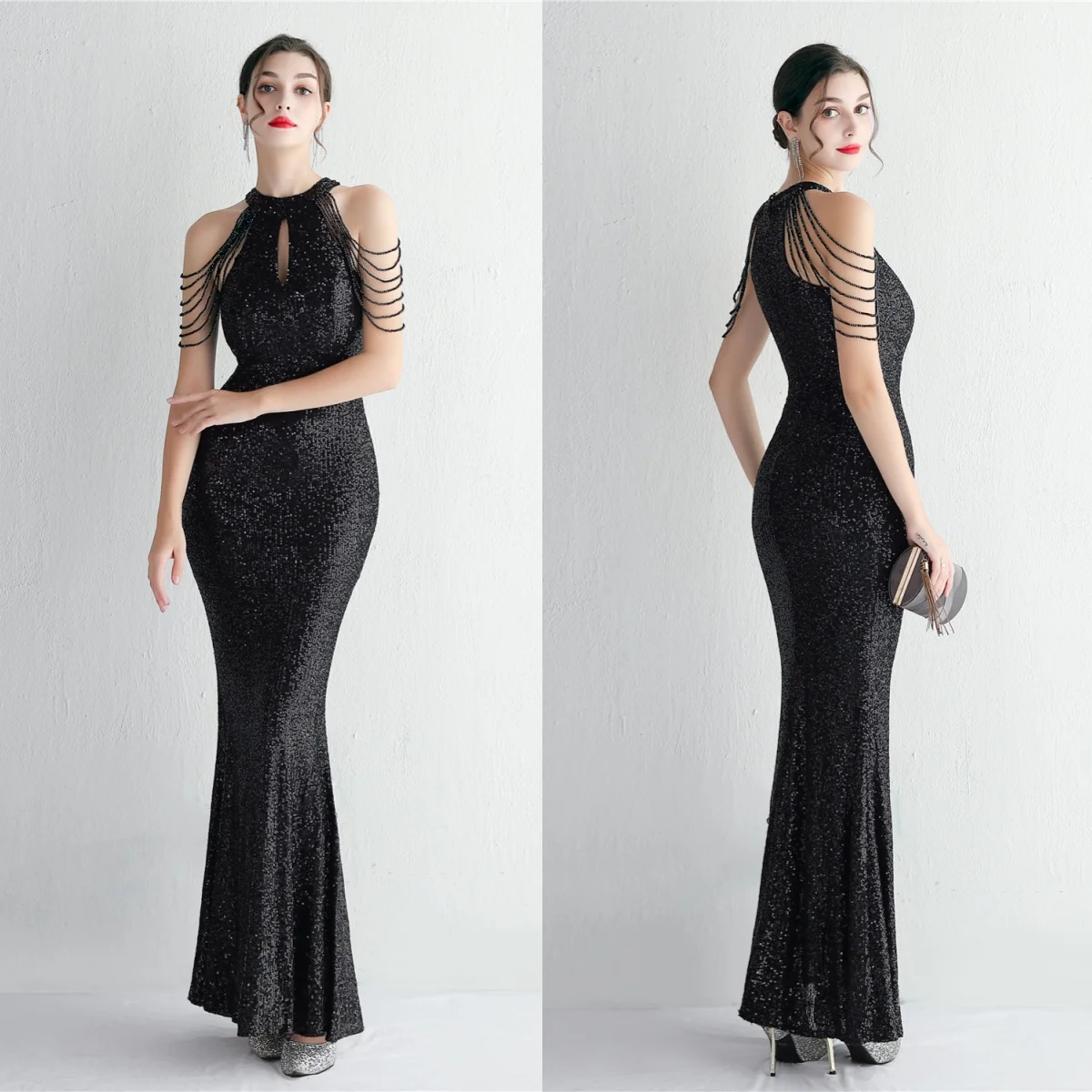 

Evening Dress Black Sequins Stretchy Halter Collar Beads Zipper Back Mermaid Trumpet Floor Length Women Party Formal Gowns YE265