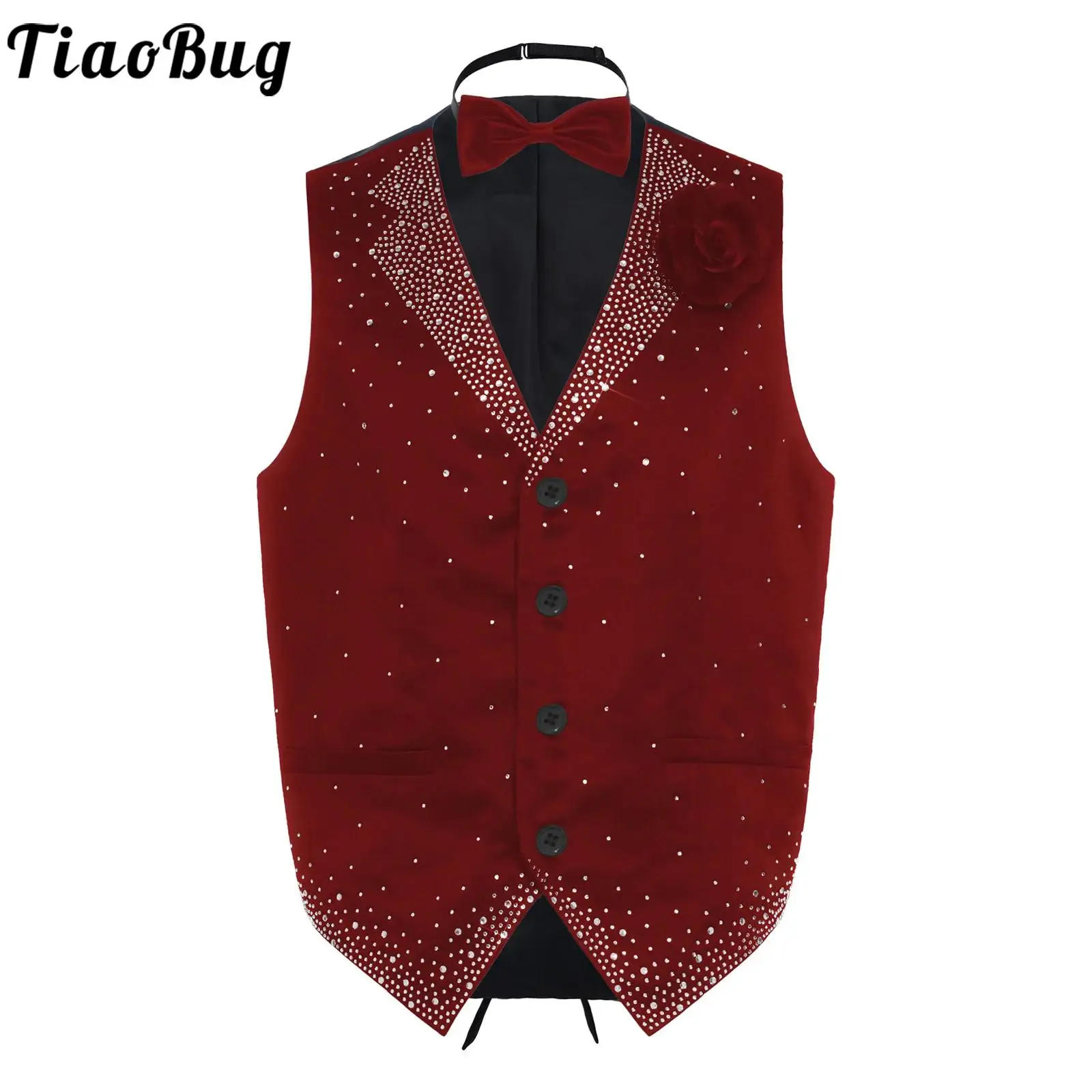 

Men Rhinestones Formal Gentleman Waistcoat Jazz Tango Dancewear Sleeveless Bowtie Vest with Flower Brooch for Cocktails Wedding